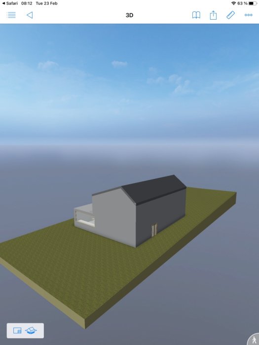 3D-modell av ett enkelt hus med grått tak på grönt fält, simulerat i Safari-webbläsare.