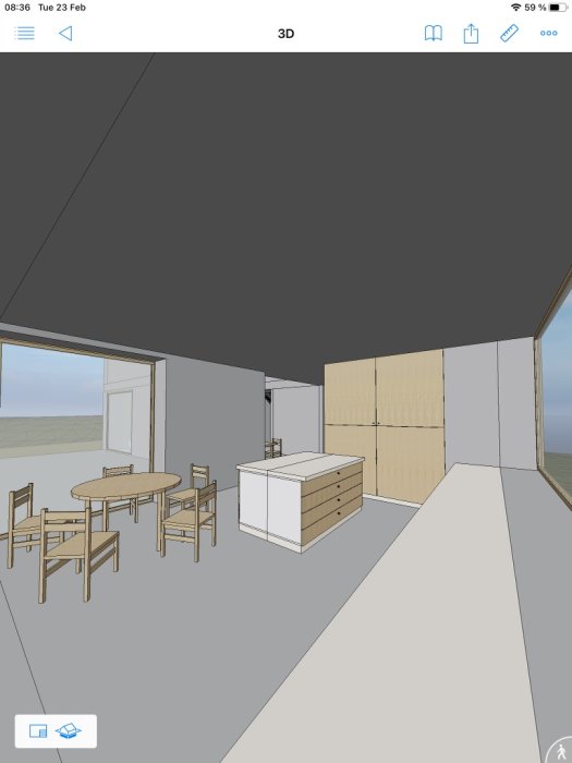 3D-modell av ett modernt kök med bord, stolar och skåp. Digital, ren, enkel design.