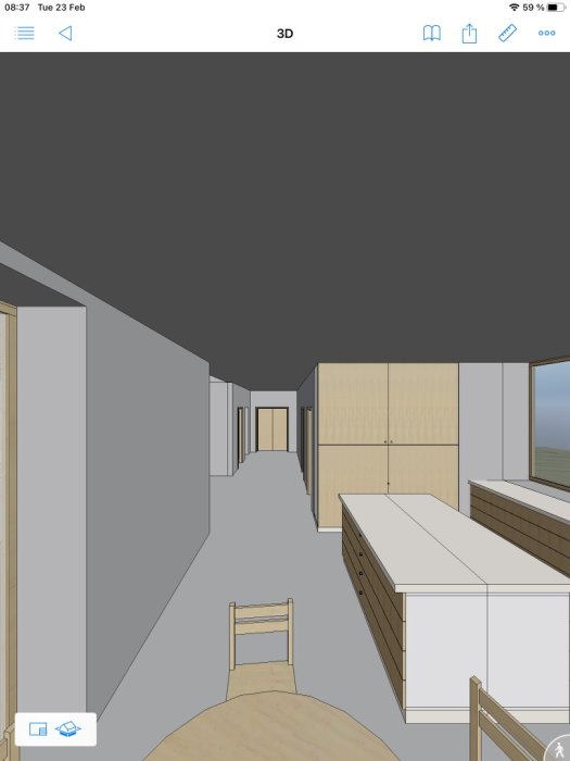 3D-ritning av ett interiörutrymme, troligen ett kök, med skåp och korridor - smartphonegränssnitt synligt.