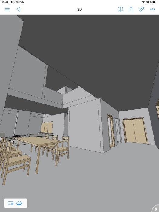 3D-modell av ett rum med bord, stolar och dörrar, enkla texturer, ser ut som designskiss.