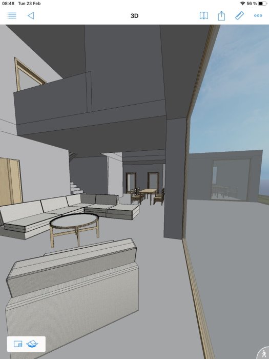 3D-ritning av ett modernt interiör i en bostad, innehåller vardagsrum och trapphus.