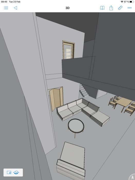 3D-modell av ett interiört utrymme med trappor, möbler och vit-gråa toner, designat i ett CAD-program.