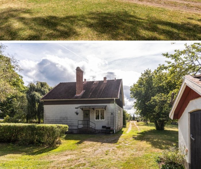 Enstaka hus med tegeltak, skorsten, grön häck och klar himmel. Lantlig trädgård. Soligt väder.