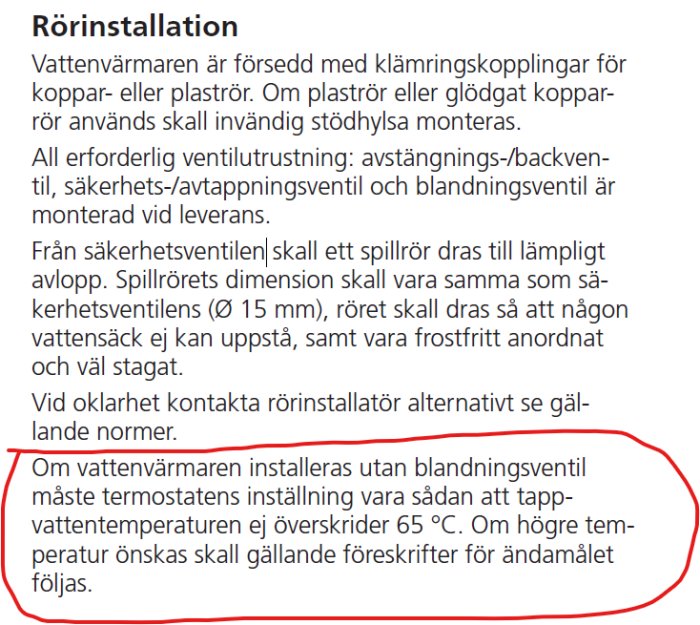 Svensk text om rörinstallation och vattenvärmare, termostatinställning, max 65 grader Celsius.