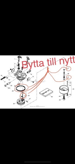 Exploded-view diagram, mechanical parts, instructions, "Bytta till nytt", replacement process visualization, numbered items, assembly guide.