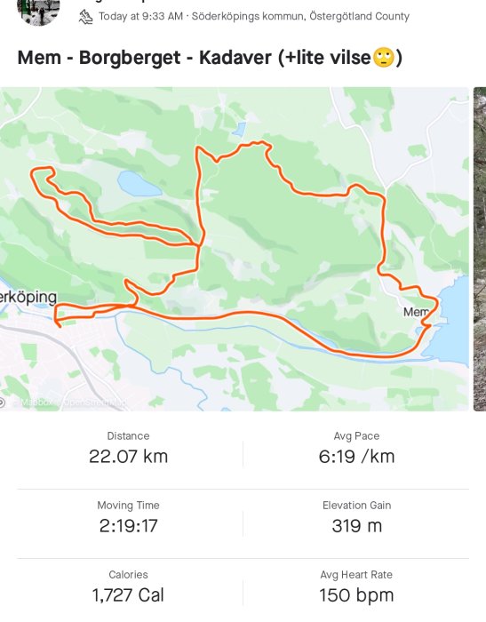 Träningsapp visar löprunda, 22.07 km, medeltakt 6:19/km, höjdvinst och kvinna som motionerar.