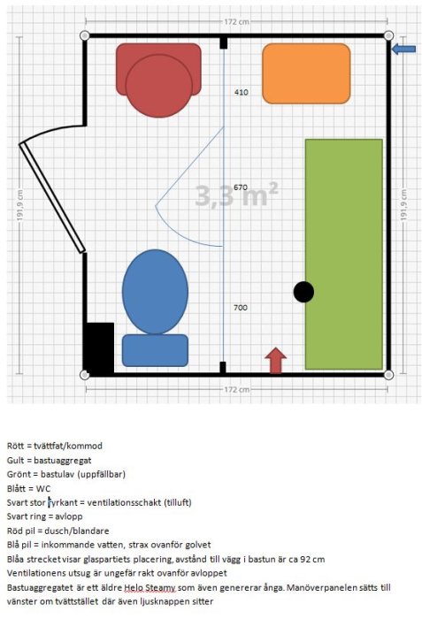 Ritning av badrum med tvättställ, bastu, dusch, toalett, ventilation och måttangivelser.