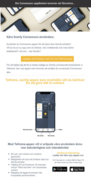 Informationsbrev om appbyte från Connexoon till TaHoma för Somfy-användare, med skärmbilder och funktioner.