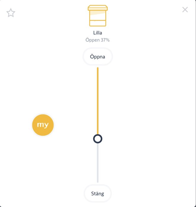 En gränssnittsbild som visar en reglage som är öppen till 37%, etiketterad "Lilla" och "Öppna/Stäng"-knappar.