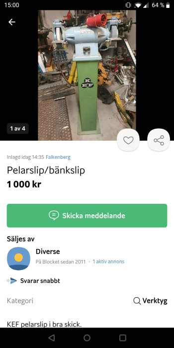 Blå och gul pelarslipmaskin, verktyg i bakgrunden, säljes för tusen kronor, Falkenberg, Blocket-annons.