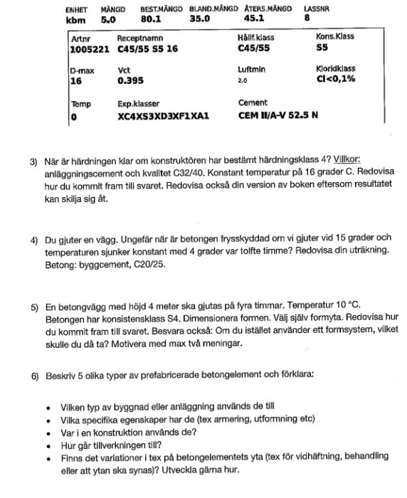 Svensk text om betongspecifikation, hårdningsklass, temperaturförhållanden, gjutning, och prefab betongelement med frågor.