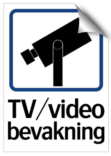Skylt med övervakningskamera symboliserar TV/video bevakning, svart och vit, blå ram.