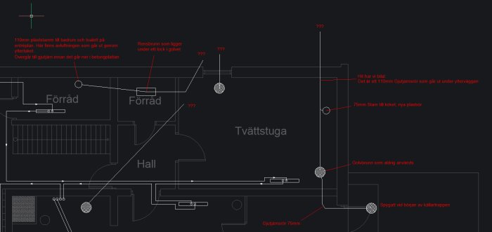 Ritning med rörledningar, förvar, tvättstuga, anmärkningar på svenska, teknisk illustration.