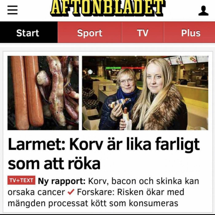 Korv och rökare på nyhetssida, varningsrubrik om processat kött och cancer.