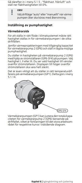 Manualsida för inställning av värmepumpshastighet, varningsnotis och pumpdiagram visas.