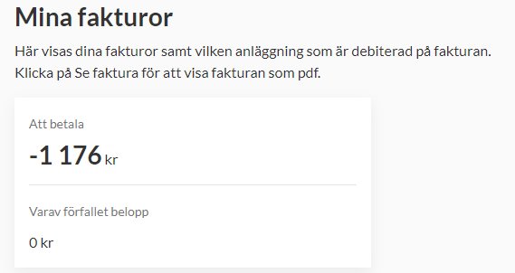 Skärmklipp på fakturasida, negativt saldo -1 176 kronor, noll kronor förfallet belopp, svensk text.