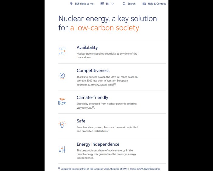 Webbsida som framhäver kärnkraftens fördelar för ett samhälle med låg kolhalt.