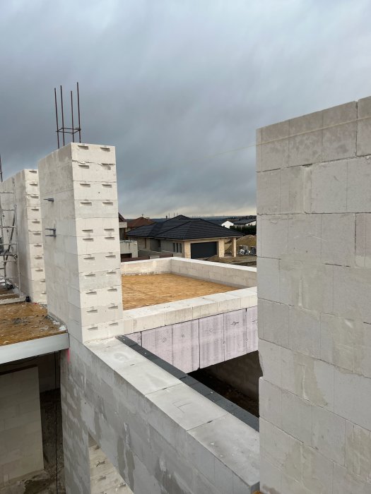 Byggplats med väggar av betongblock, molnig himmel, oavslutad konstruktion, takstolar i bakgrunden.