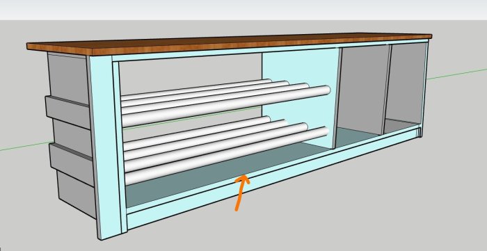 3D-rendering av blått skoskåp med trätopp och rörformiga hyllor, orange pilar visar rörliga delar.