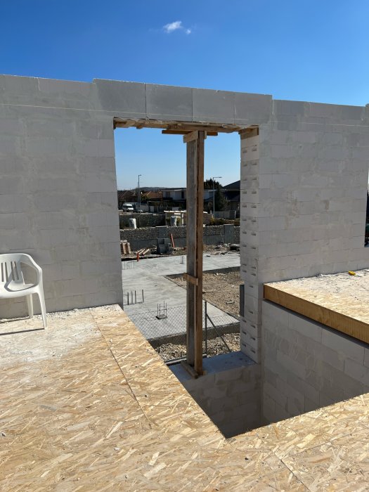 Byggkonstruktion med trästöttning, oavslutade betongblockväggar, plywoodgolv, under en klarblå himmel.