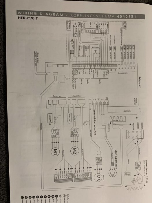 Elkopplingsschema för ventilation, märkt "HERU 70T", innefattar fläktar, sensorer och brytare.