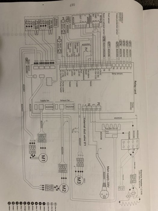 Elektriskt kopplingsschema, ventilationskomponenter, fläktar, sensorer, reläkort, säkringar, teknisk dokumentation.