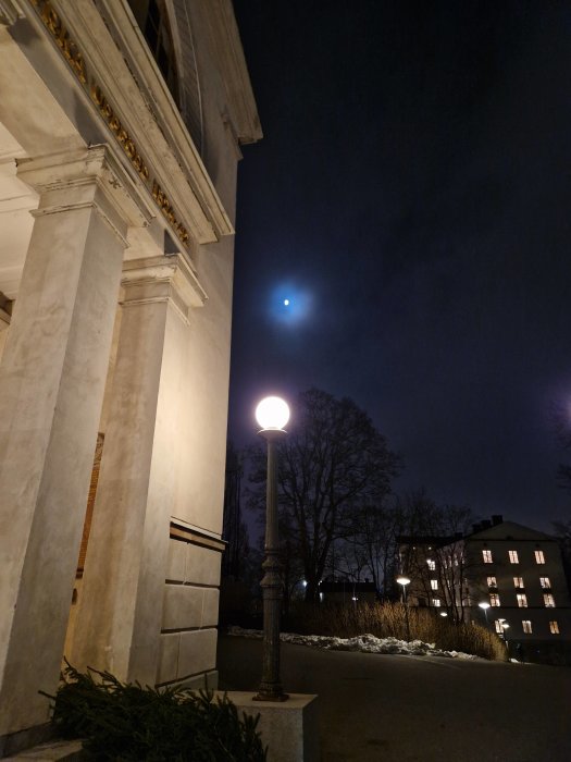 Nattvy med klassisk byggnad, gatlykta, måne, bar mark och snörester.