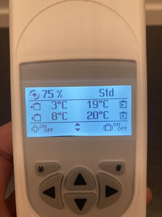 Digital fjärrkontroll för luftkonditionering med LCD-display som visar temperatur och luftfuktighet.