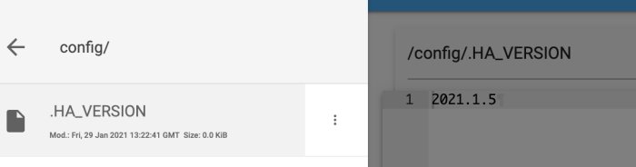 Filsystem och textredigerare visar filen .HA_VERSION med versionsnummer 2021.1.5.