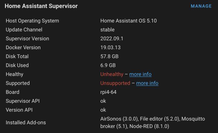 Skärmdump av Home Assistant Supervisor, visar systemstatus, versioner och installerade tillägg. Systemet är ohälsosamt och inte stöttat.