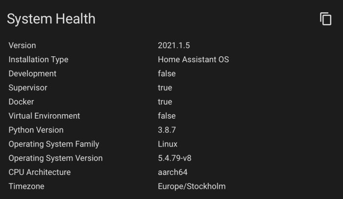 Skärmdump som visar systeminformation och hälsotillstånd för Home Assistant med version, OS och inställningar.