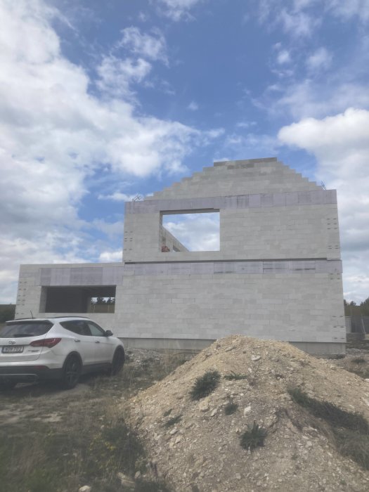 Ofärdigt hus i betongblock, bil parkerad framför, molnig himmel, byggarbetsplats med jordhög.