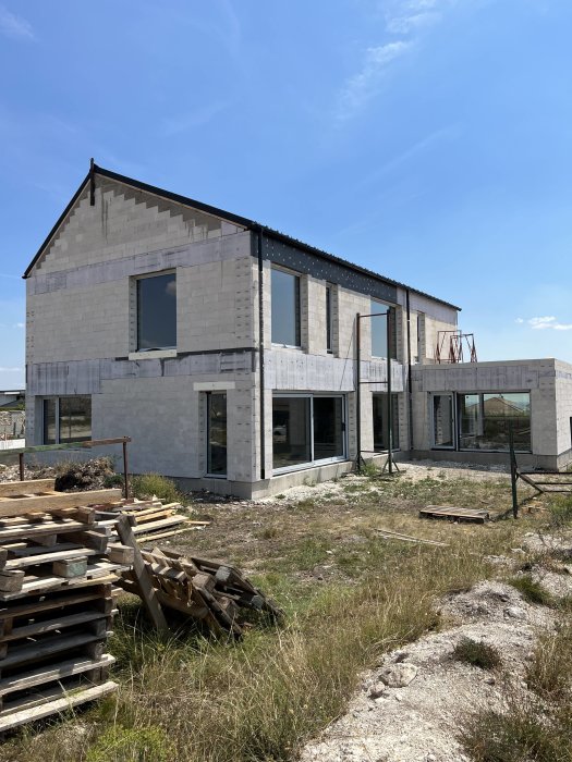 Tvåvåningshus under konstruktion, betongblock, tom byggplats, blå himmel, träpallar i förgrunden.