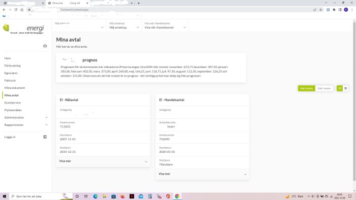 Skärmbild av webbsida för energiföretag, visar elavtal och prisprognoser, användargränssnitt på svenska.