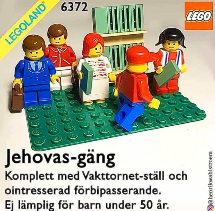 LEGO-set föreställande Jehovas vittnen med tidskrifter och en förbipasserande. Humoristisk och ej äkta produkt.