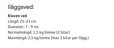 Text på svenska, information om ved, längd, diameter, normal och maximal förbrukning per timme med antal bitar.