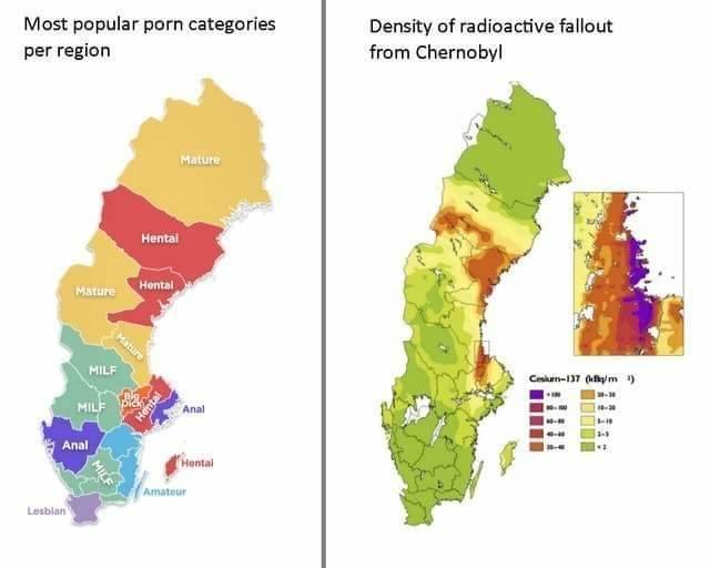 Två kartor: en visar populära pornografiska kategorier, den andra radioaktivt nedfall från Tjernobyl.