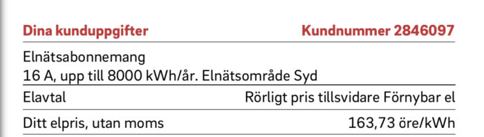 Svensk elräkning, kunduppgifter, elnätsabonnemang, kundnummer, elpris, förnybar energi, öre per kWh.