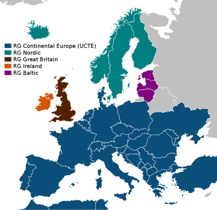 Karta över Europa visar regionala elnätsområden: kontinental, nordisk, Storbritannien, Irland, baltisk.