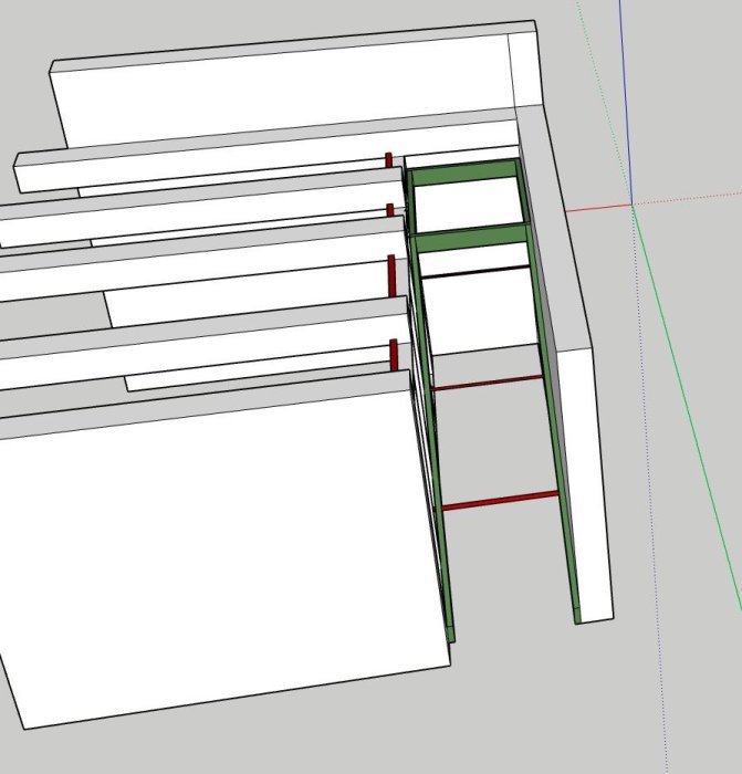 3D-modell av trappstegar med grå bakgrund och synliga axellinjer.