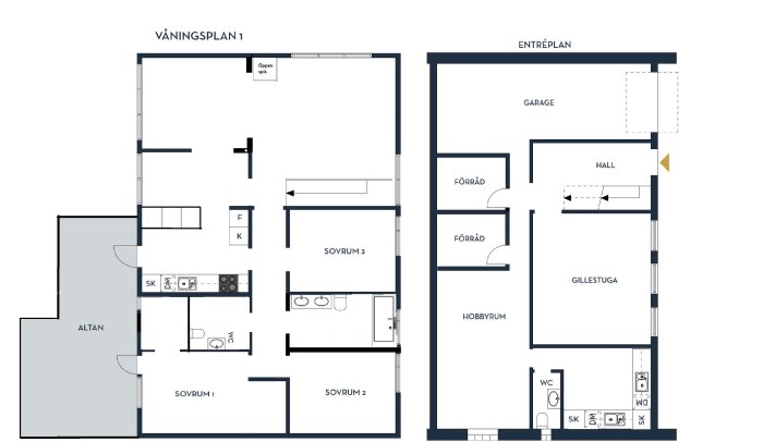 Ritning av hus med två våningsplan, sovrum, kök, vardagsrum, hobbyrum, förråd och garage.