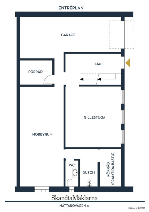 Ritning av entréplan med garage, förvaring, hobbyrum, gillestuga, hall, WC, dusch och planerad bastu.