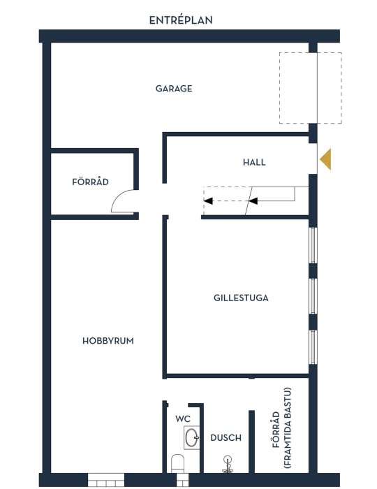 Ritning av entréplan: garage, förvaring, hall, hobbyrum, gillestuga, badrum.