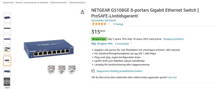 Netgear 8-portars Gigabit Ethernet Switch, blå, plug-and-play, för nätverksutökning, med livstidsgaranti.