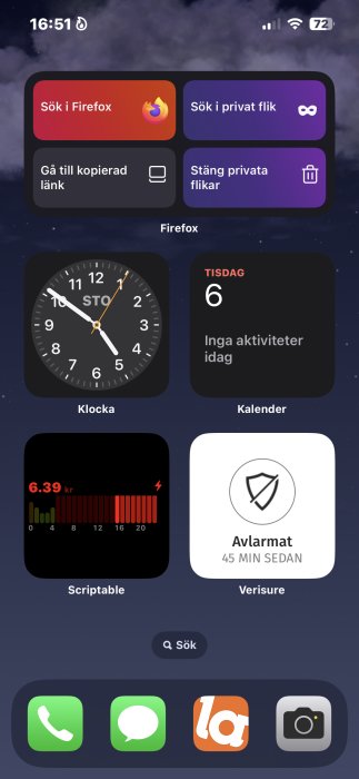 Smarttelefon skärmdump visar widgetar för Firefox, klocka, kalender, energiförbrukning, säkerhetssystem och sökfält.