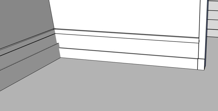 Enkel, digital illustration av ett rumshörn med baslist, vägg och golv.