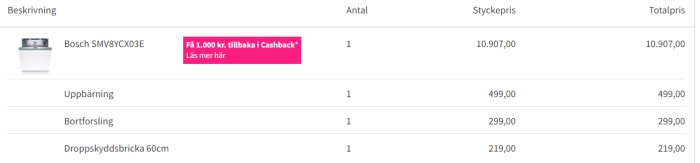 Faktura eller orderbekräftelse på svenska för Bosch diskmaskin med tjänster och tillbehör. Totalpris samt kampanjinfo visas.