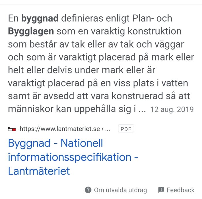 Skärmbild av text, definition av "byggnad" enligt svensk lag, sökresultat från webbsida.