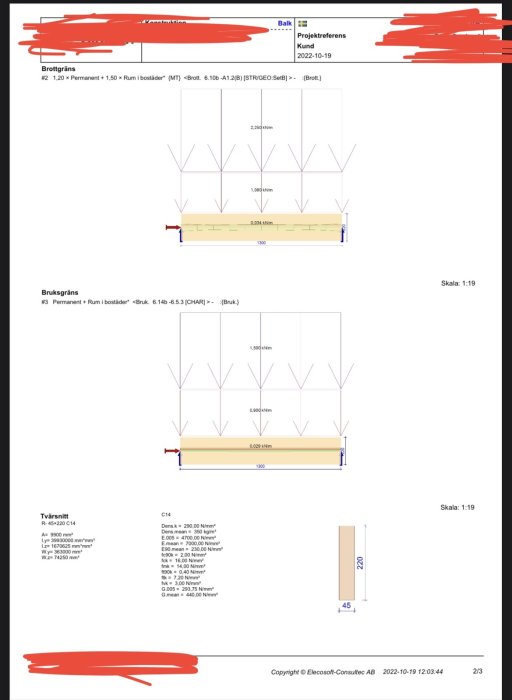 Tekniska ritningar för byggnadskonstruktion; strukturella diagram med dimensioner och belastningsfördelning.