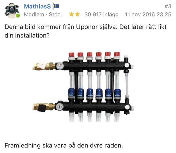 Värmeinstallationssystem med flera ventiler, mätare och anslutningar, sannolikt för golvvärme.